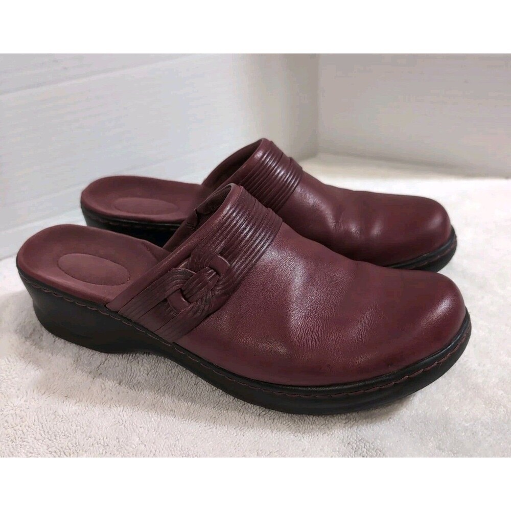 CLARKS BENDABLES SLIP ON SHOES LEATHER CLOGS MULES BURGUNDY WINE 67374 Sz 9.5 M